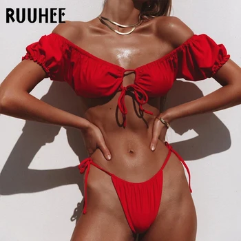 

RUUHEE Sexy Bikini 2020 Mujer Swimwear Off Shoulder Swimsuit Women Bathing Suit Bandage Bikini Set Hollow Out Beachwear Biquini