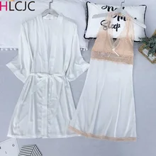 Новинка, сексуальный женский халат и халат, кружевной Атласный халат+ Мини Ночная рубашка, комплект из двух предметов, женская пижама, комплект для сна из искусственного шелка