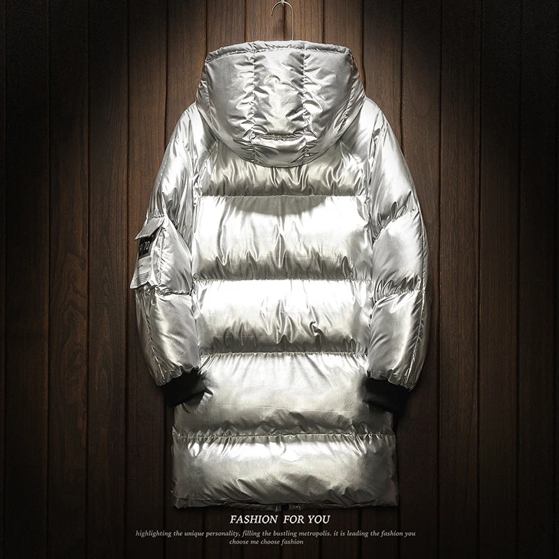 Skup UYUK2019 płaszcz zimowy mężczyźni nowy Trend Temperament moda jasny długi odcinek koreańska wersja srebrny męska ubrania bawełniane