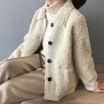 

HLHPYHB Winter Women Imitation Lamb Wool Coat Korean Retro Loose Plush Outwear Jacket Female Warm Turn-down Collar Outerwear