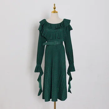 

2020 Autumn Temperament Lady Printing Lotus Leaf Edge Splicing Lace Medium Length Pleated Dress Female