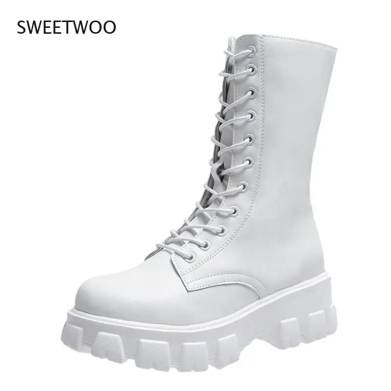 Women Long Boots Mid Calf Autumn Winter Shoes Platform Lace Up PU Woman Fashion  Footwear Female Comfort Botas