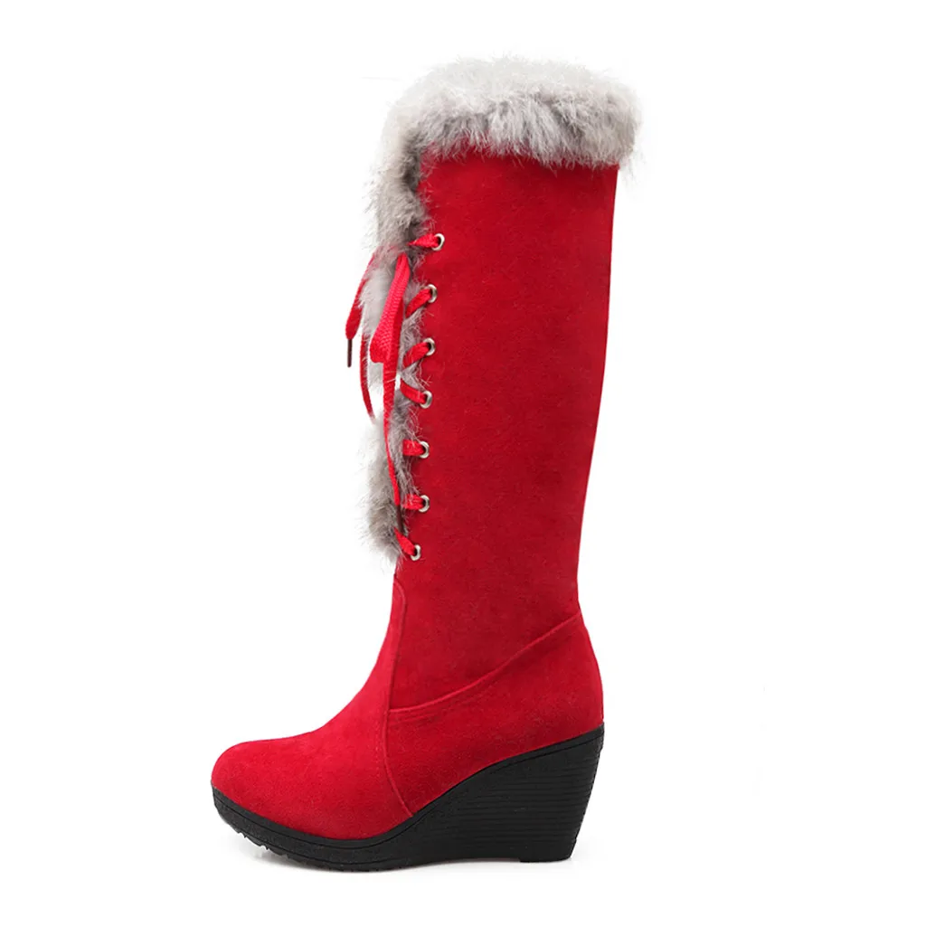 Красные рождественские сапоги выше колена; Меховая стелька; женские модные однотонные Теплые Высокие Сапоги выше колена из флока на молнии; повседневная обувь