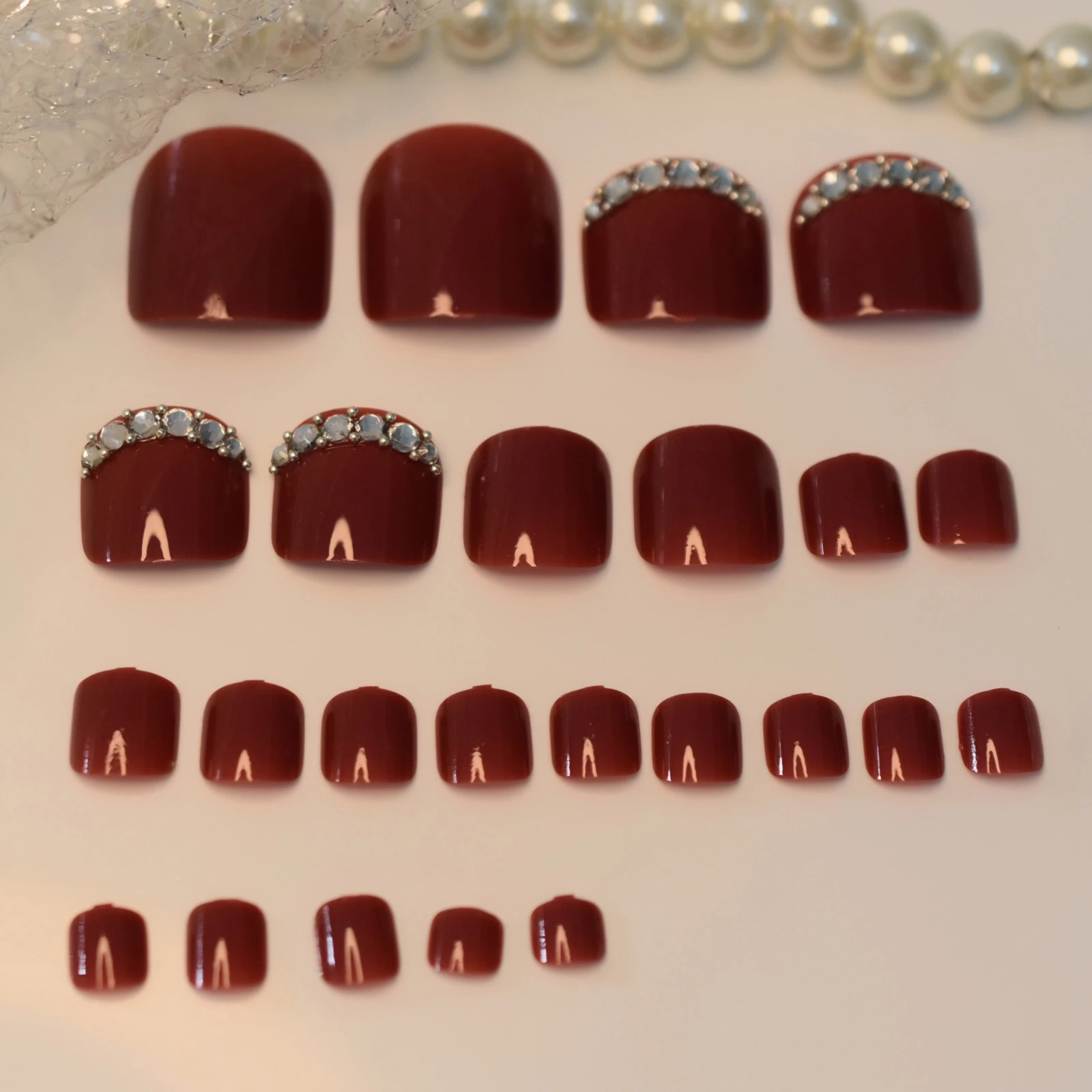 24pcs Toe Nails Decorations False Full Cover Acrylic Fake Foot Nails Dark Red Toenails With Rhinestone False Nails Aliexpress