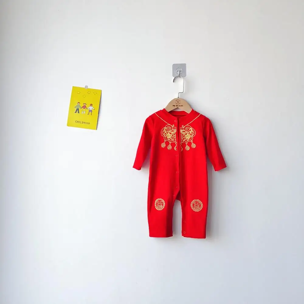 Традиционный комплект одежды унисекс для малышей, китайский новогодний костюм для маленьких мальчиков и девочек красный цельнокроеный комбинезон с вышивкой+ шапочка+ носки, комплект для малышей - Цвет: Long