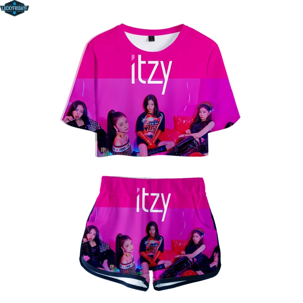 Новейший LUCKYFRIDAYF ITZY 3D комплект из двух предметов, сексуальная хлопковая Футболка для женщин,, корейский стиль, футболка, костюм, шорты+ шорты, XS-2XL