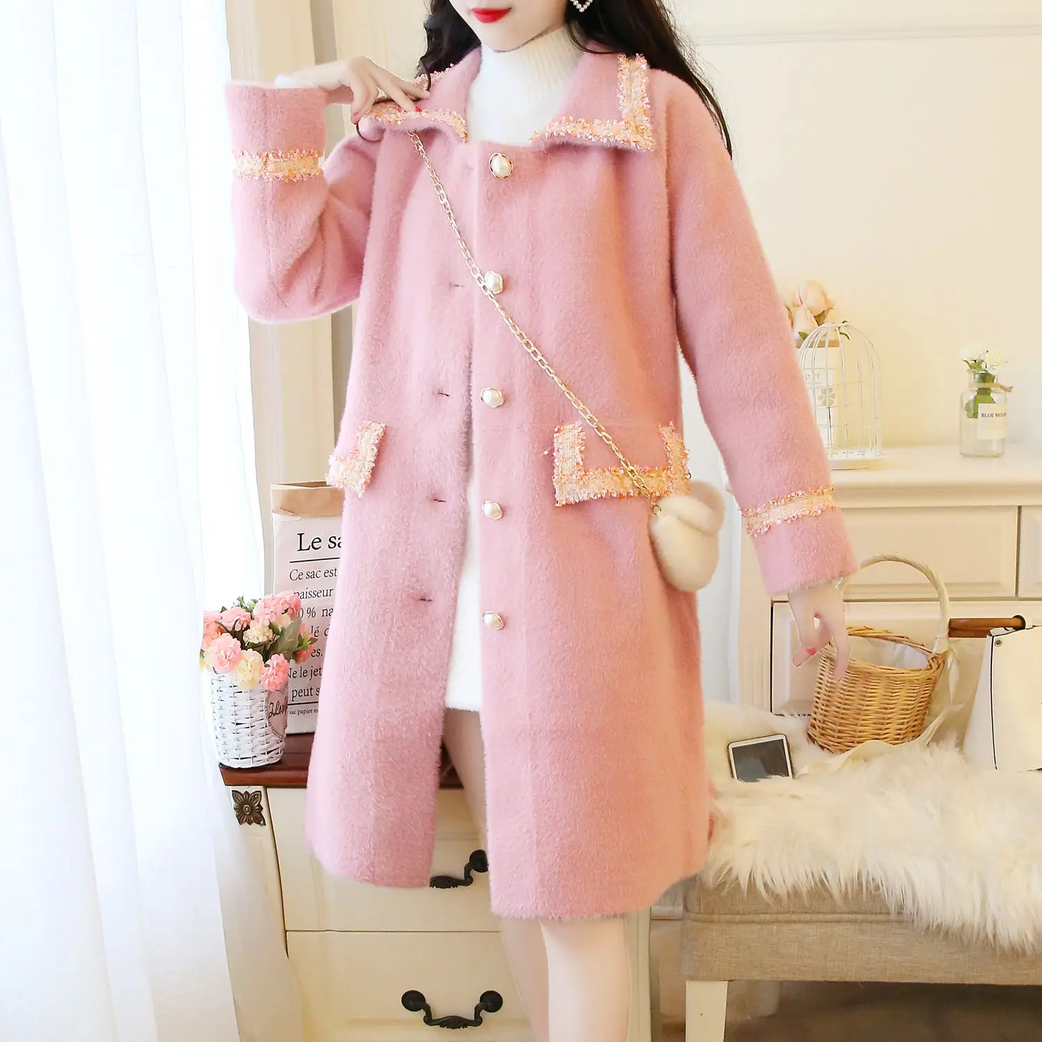 New Winter Women Blends Long Small Air Fragrance Imitated Mink Wool Coats Outerwear White Coat 2270