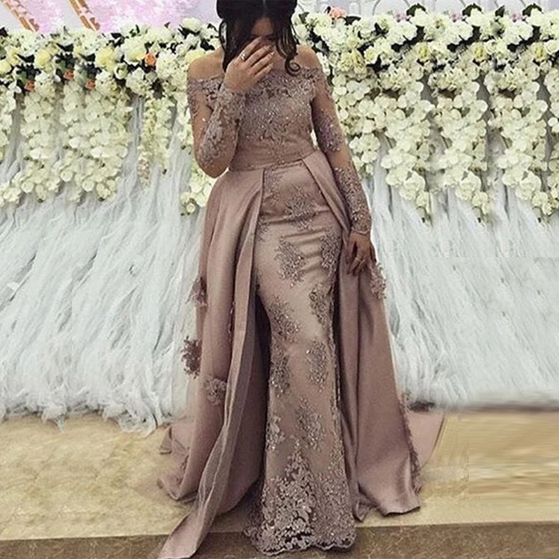 

Arabic Long Sleeves Evening Dresses 2019 Off Shoulder Sweep Train Zipper Lace Beaded Elegant Plus Size Event Formal Party Gowns