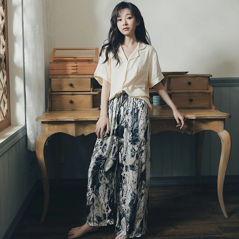 

2 Pieces/Set Summer New Pajamas Women Short Sleeve Cozy Sleepwear Long Loose Print Pants Casual Home Clothes Soft Nightwear Suit