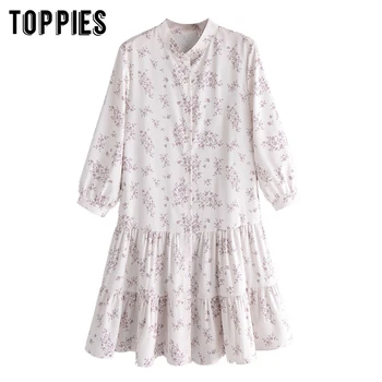 

2020 floral Printing Loose blouses Dress women lantern sleeve mini dress Pleated hem