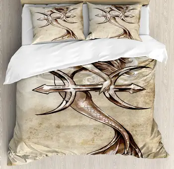

Mermaid Duvet Cover Set Vintage Mermaid in The Sea with an Anchor Mythical Aquatic Creature Graphic Art Decorative 3 Piece Bed
