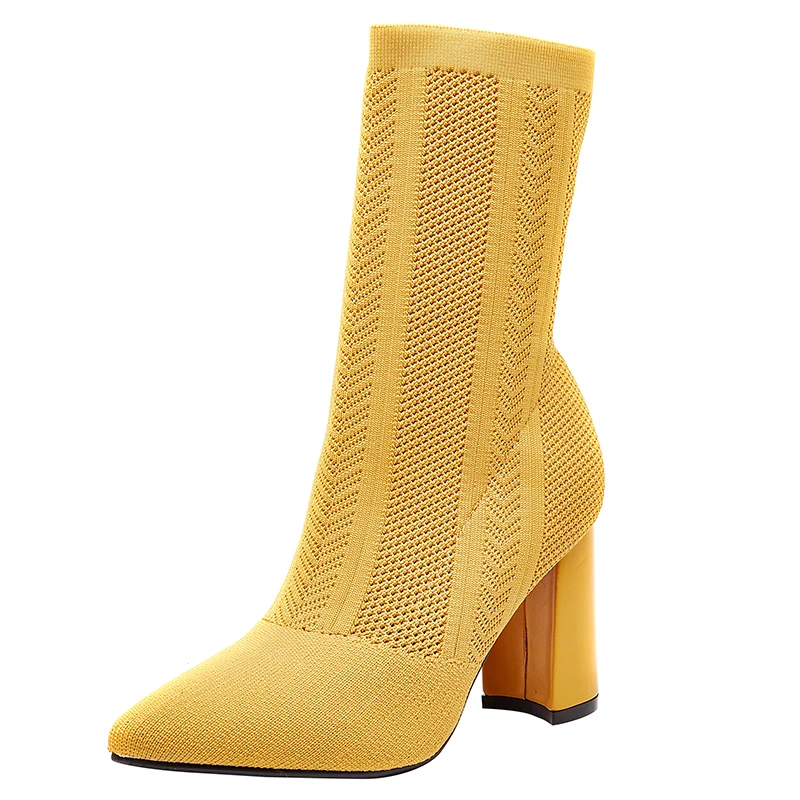 

Women Socks Boots Skiny Cut-out Autumn Stretch Knitting Boots Platform Chunky High Heels Pointed Toe Women Spring Shoes Cozy