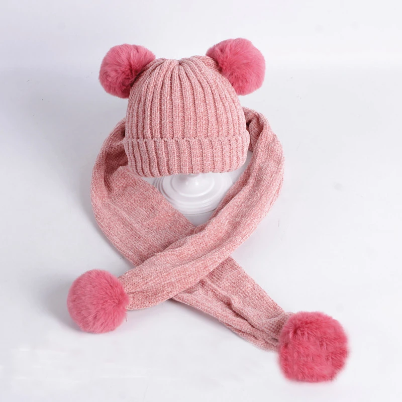 Skinpink 2 шт., новые модные детские шапки, шапочки, шарф, зимние теплые шапки-бомберы с двойным помпоном, утолщенная шапка, шапки, шарф, комплекты для детей - Цвет: Skinpink