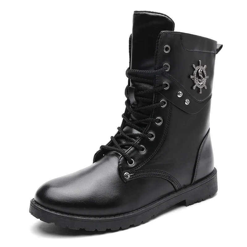 Winter Men Motorcycle Boots Fashion Mid-Calf Punk Rock Punk Shoes Mens BootsLeather Black High top Casual Boot Man