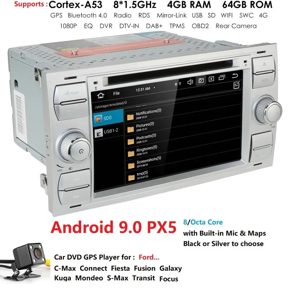 

Car DVD Player Android 9.0 DAB+ 2din In Dash For Ford Transit Focus Connect S-MAX Kuga Mondeo OctaCore Wifi 4G GPS Bluetooth PX5