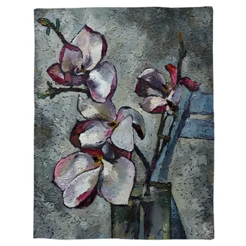 

Purple Magnolia Flower Oil Painting Throw Blanket Portable Flannel Blanket Hotel/Sofa/Office/Plane Travel Blankets for Beds