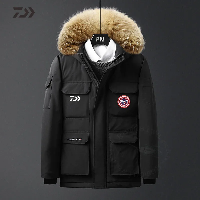 Daiwa Hooded Fishing Clothing Winter Fishing Suit Thermal Windproof Thick Multi-pocket Fishing Jacket Men's Winter Down Jacket - Цвет: Черный
