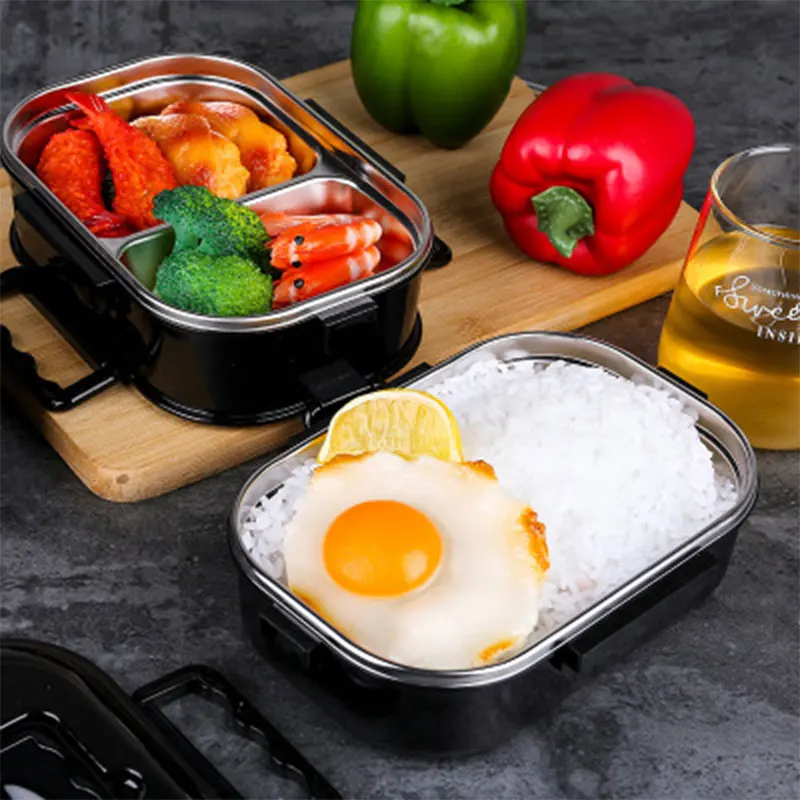

Stainless Steel Lunch Box 1 set Double layer Lunch Box Containers with Compartments Portable Bento Food Container box Black