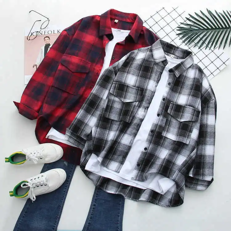 

Women Autumn Winter Plaid Shirt Students Korean BF Wind Casual Loose Chiffon Blouse Woman 2019 Plus Size Womens Tops and Blouses
