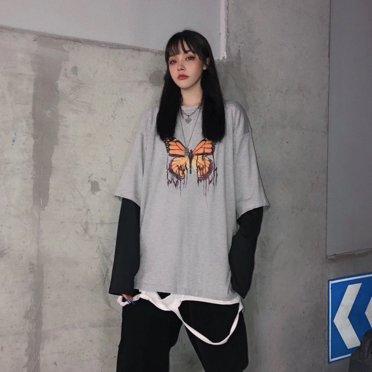Женские футболки, топы, японские Kawaii, для девушек, Ulzzang, с принтом бабочки, футболка, женская, Корейская, Harajuku, одежда для женщин