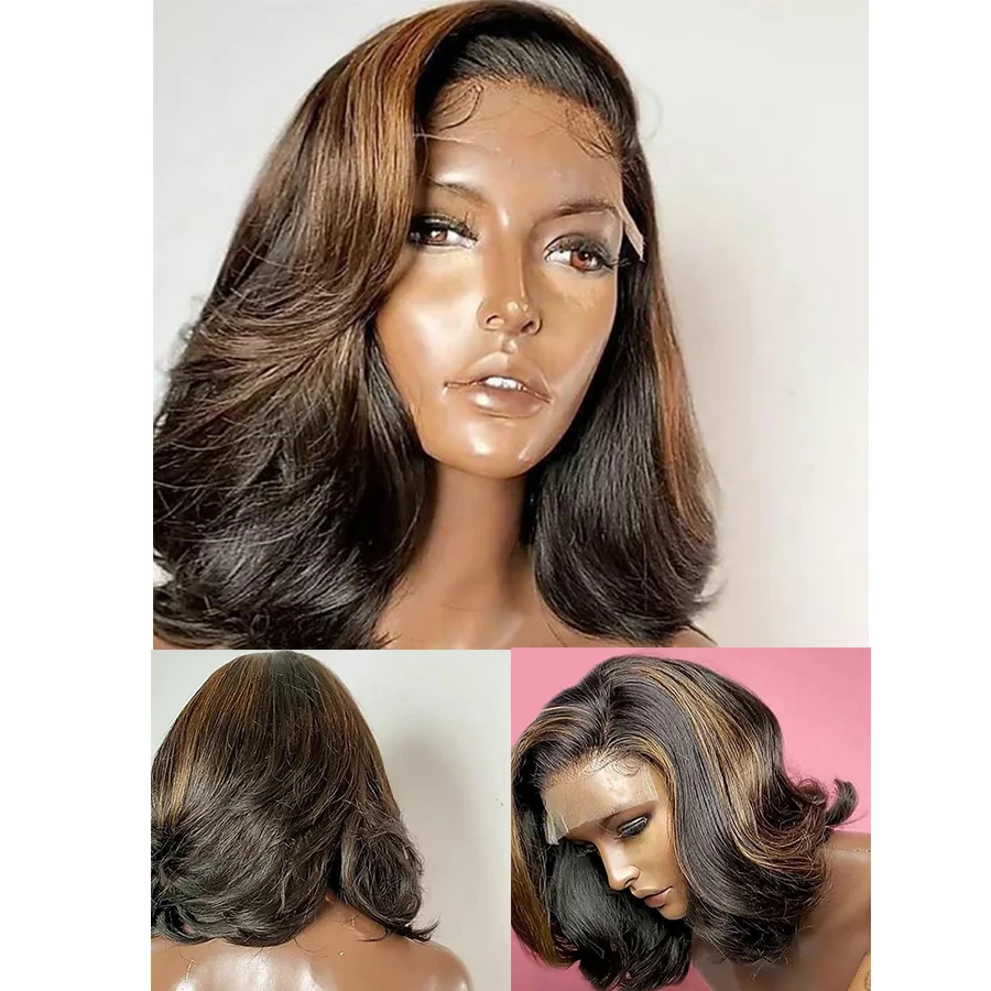 

Roselover Medium Length Highlight Wavy Wig 13*4 Lace Front Human Hair Wigs Short Bob Wig Remy Peruvian Human Hair Wigs for Woman