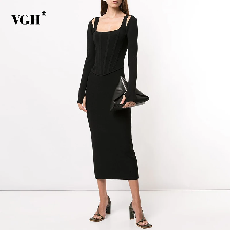 

VGH Patchwork Black Two Piece Set For Women Square Collar Sleeveless High Waist Dress Long Sleeve Knitted Tops Slim Sets Female