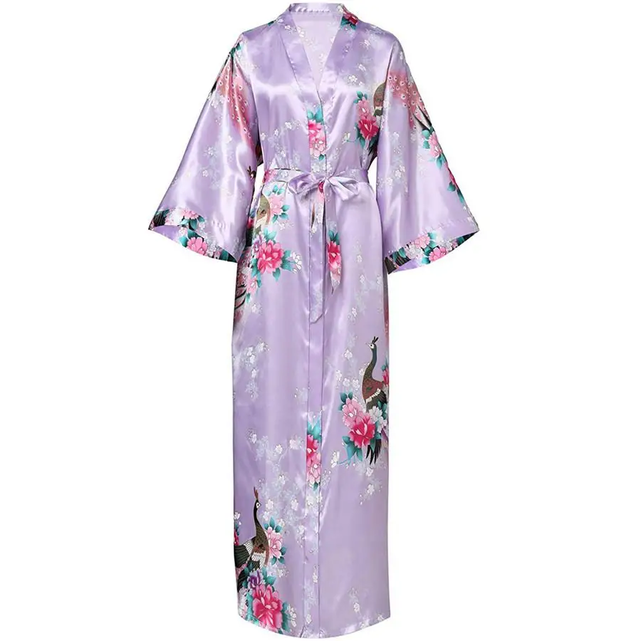 Женский халат с принтом павлина, кимоно купальный халат, сексуальная свободная ночная рубашка для сна, большие размеры 3xl, интимное нижнее белье, Неглиже - Цвет: Lavender