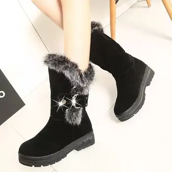 

Autumn Winter New Style Chunky-Heel round-Toe Furry Snow Boots Women's Plus Velvet Warm Plus-size