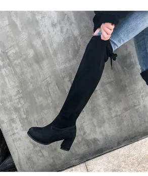 

Corporis 2020 new high heels shoes woamn round toe flock ladies over the knee boots women square heels classic Elastic boots