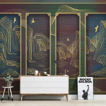 

Custom 3d wallpaper mural new chinese embossed line golden abstract landscape tv sofa background wallpaper mural