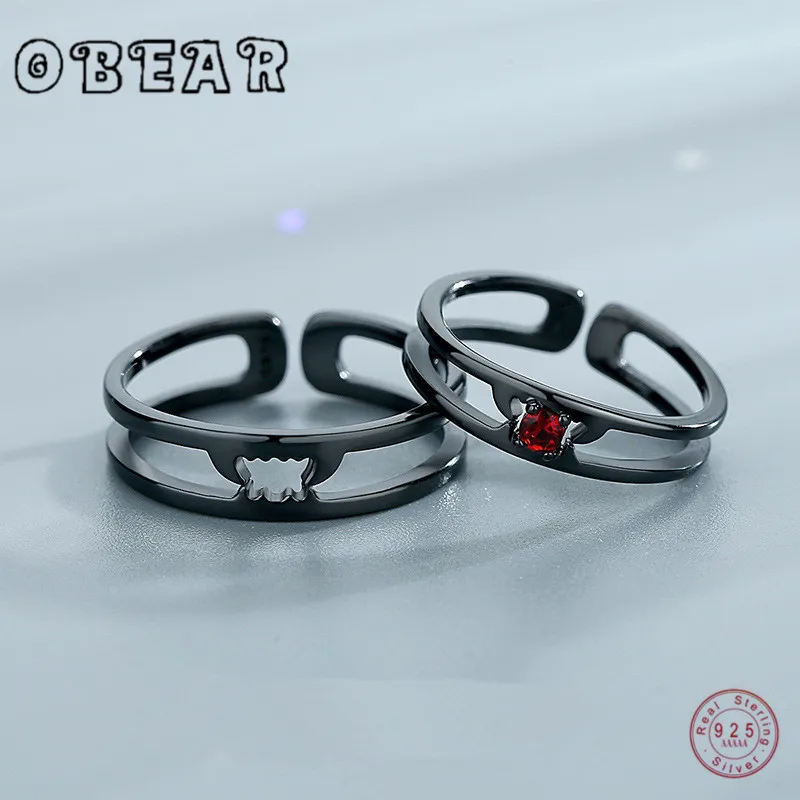 OBEAR 100% 925 Sterling Silver Vampire Couple Rings Black Creative Red Zircon Romantic For Men Wome Jewelry Gift | Украшения и