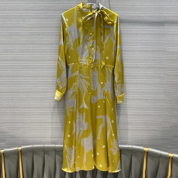 

High Quality Silk Print Dress Spring Fashion Bow Collar Long Sleeve Dress Casual Long Dress