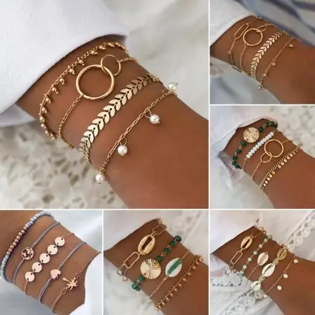 5/4 шт/набор, женские модные браслеты, жемчужный лист, ракушка, сердце, карта, золотой браслет, пляж, Ретро стиль, вечерние ювелирные изделия, подарок, аксессуары