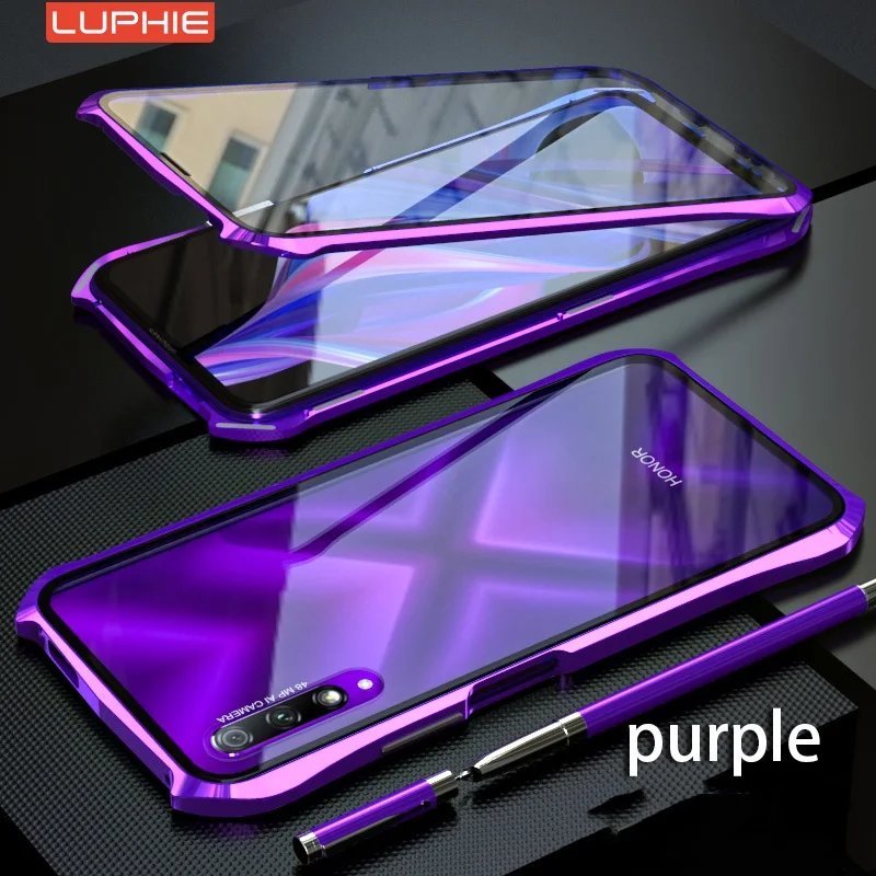 Магнитный чехол Luphie для huawei Honor 9x Pro, полностью переднее+ заднее стекло 9 h, закаленное стекло, магнитный металлический чехол 9 X, чехол Plus - Цвет: Фиолетовый