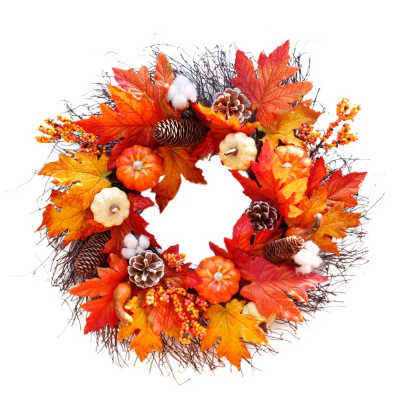 

Autumn Holiday Pumpkin Maple Leaves Wreath Thanksgiving Day Halloween Front Door Wall Hanging Garland