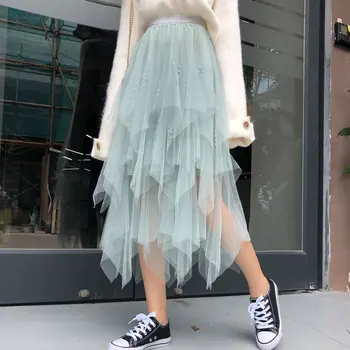 

Korean New irregular Mesh Midi Skirts Women elastic High Waist Autumn winter A-Line Skirts Ladies Plus Size Tulle skirt