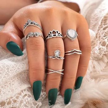 2020 anillo de moda, anillos pareja anillos de compromiso párr mujer aliança de namoroO penwork tallado de gema grande forma de loto 7 piezas