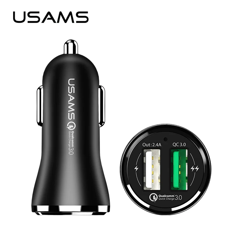 Универсальный USAMS автомобильное зарядное устройство Быстрая зарядка QC 3,0 Dual USB Универсальное зарядное устройство для мобильного телефона qc3.0 Быстрая зарядка кабель для samsung - Тип штекера: Универсальный