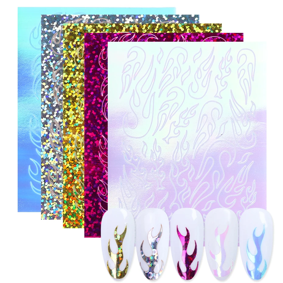 10pcs Holographic Nail Foil Flame Adhesive Nail Transfer Sticker 3D Colorful Laser Wraps Fire Design Nail Art Decoration TR1526