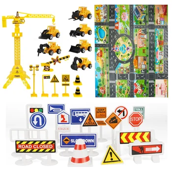 

33pcs Construction Vehicles Kids Toys Carpet Play Mat Set Road Traffic Rug with 18 Road Signs 14 Mini Trucks Roadblocks Playmat