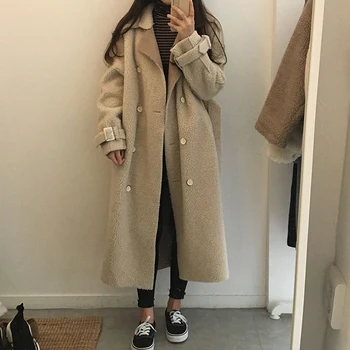 

WICCON Warm Women Coats Long Female 2020 Retro Loose Winter Belt Turn-down Collar Soft Jacket Double Breasted Chic Casual