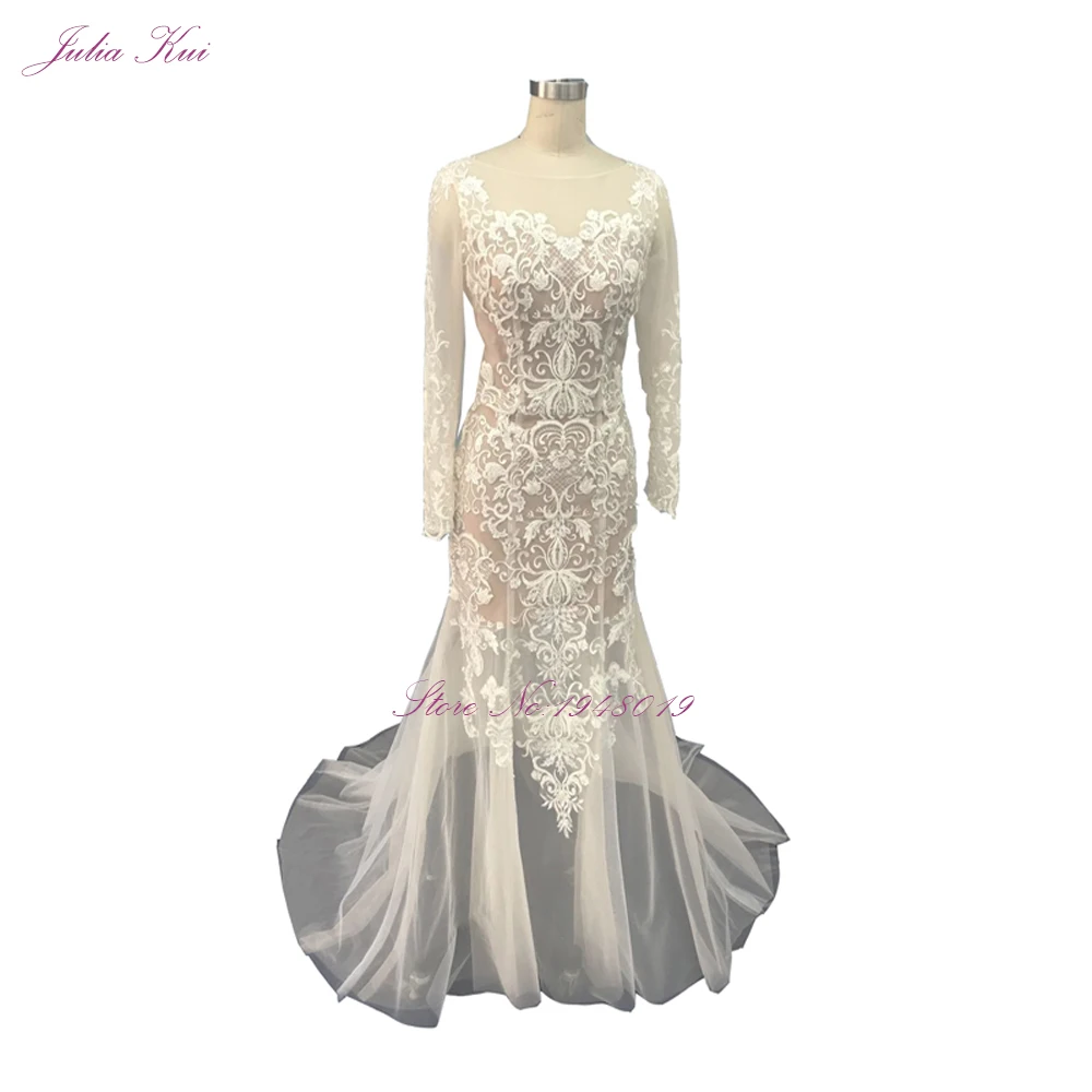 Julia Kui/винтажное кружевное свадебное платье русалки 2 в 1 со съемной юбкой, потрясающее свадебное платье с длинным рукавом