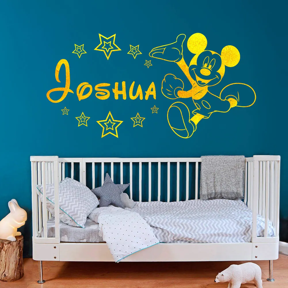 Disney Baby Mickey Mouse Warm Custom Name Wall Stickers Decal Boys Kids Room Wall Personalized Name Nursery Decoration VA8637B