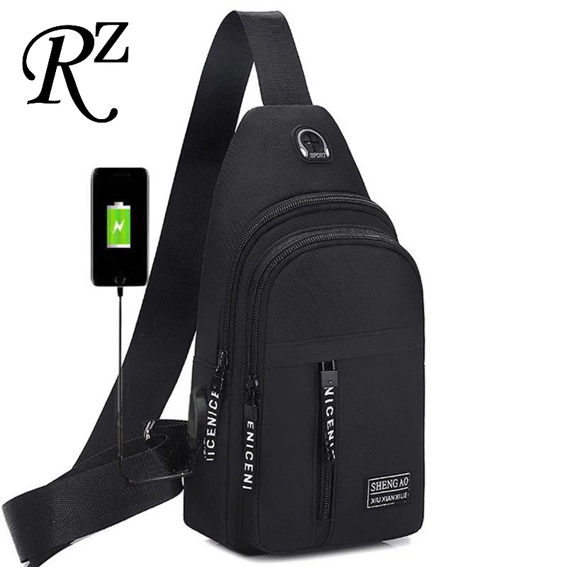 

Canvas men chest bag leisure sports chest bags Headphone Hole Messenger Bag USB charging interface shoulder bag