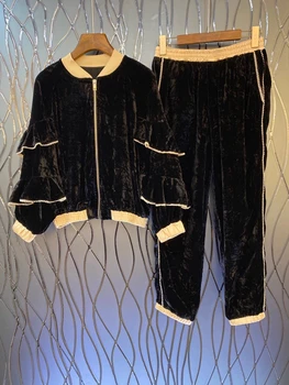 

2020 Early Autumn New Women's Leader Mouth Matching Sleeves Beaded Zipper Velvet Top + Trousers Color set 824