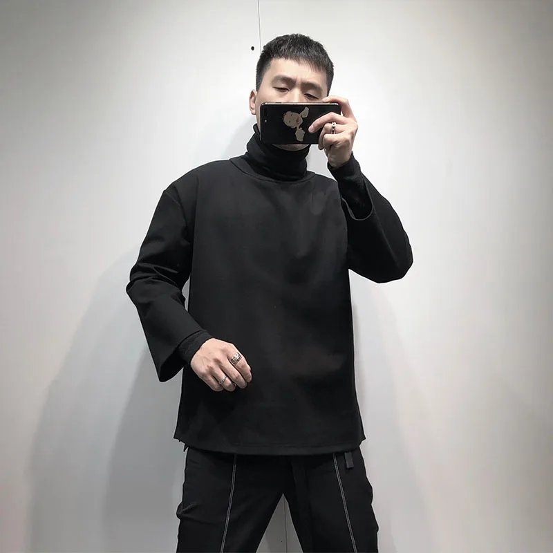 Men's Yamamoto style black turtleneck thin sweater solid color slit design loose three-quarter sleeve coat