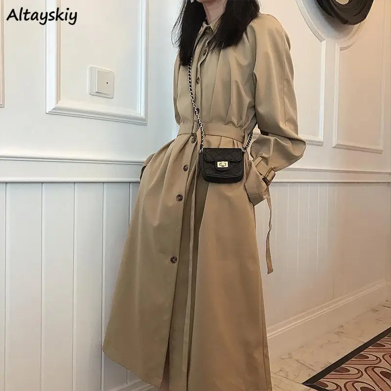 Длинный Женский Тренч цвета хаки, однобортный, подходит ко всему, с поясом, Регулируемая Талия, женская верхняя одежда, элегантная, с карманами, винтажная, уличная, шикарная