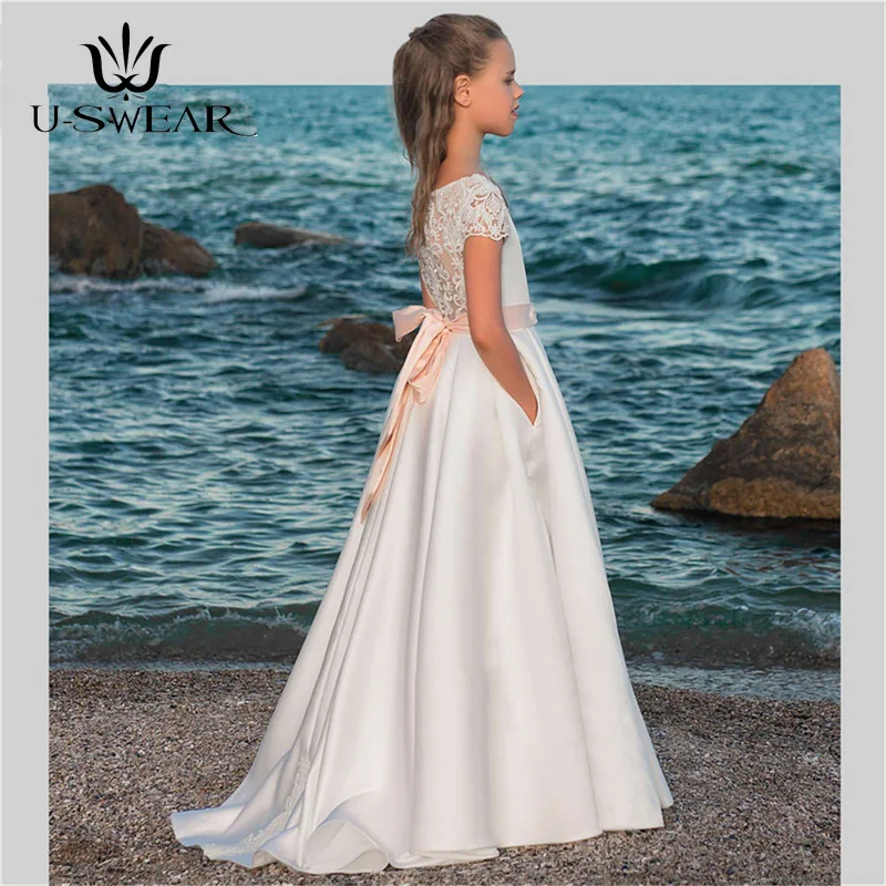 

2020 New Kid Flower Girl Dresses Satin Lace Elegant Princess First Communion Dresses Wedding Party Ball Gown Children Clothing