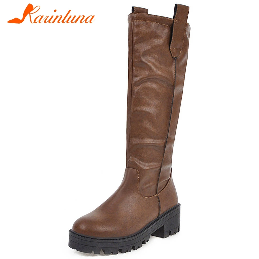 

Karinluna New Arrivals Plus Size 34-46 Slip On Mid Calf Boots Woman Shoes Chunky Heels Platform Add Fur Winter Shoes Women Boots