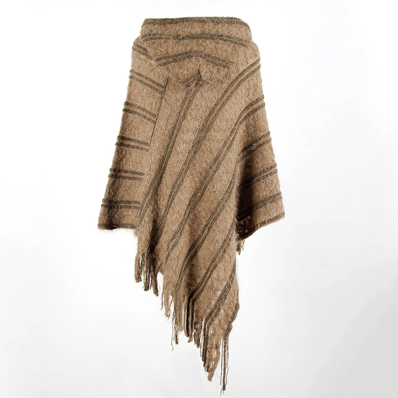 Autumn winter Cloak shawl Pullover knitted sweaters women Fringed cloak shawl Hooded shawl striped lady sweaters women